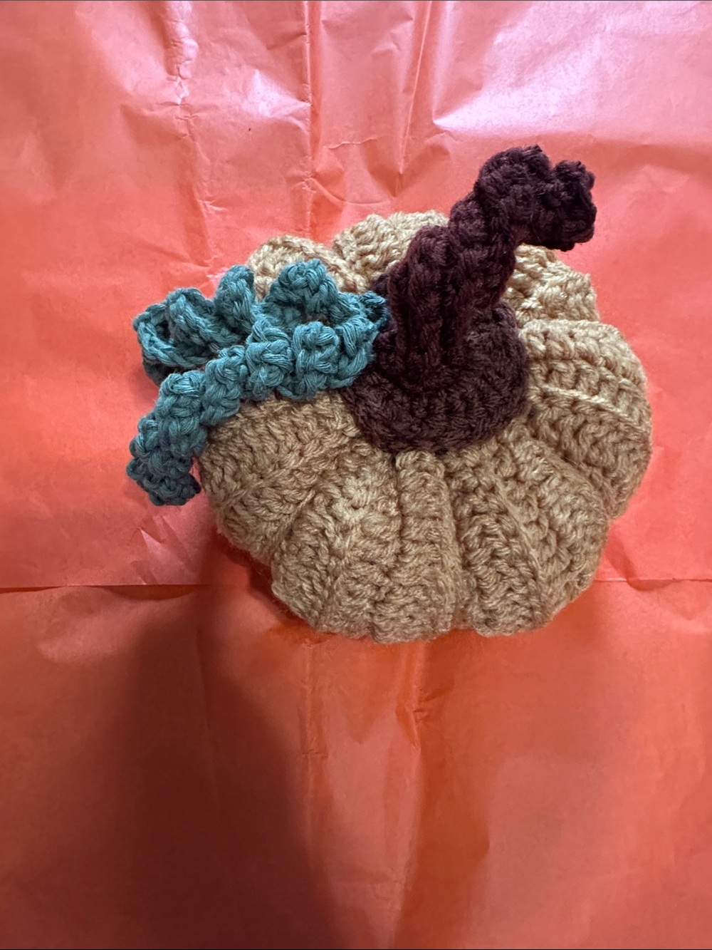 Handmade Knit Pumpkin Plush in Beige with Teal Leaf Accent